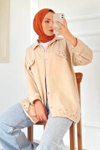 Modalamelif Kuş Göz Detaylı Önü Çıtçıt Düğmeli Ceket Taşrengi