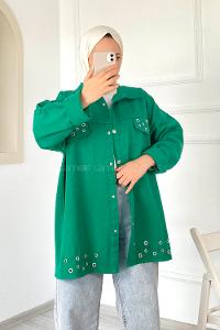Modalamelif Kuş Göz Detaylı Önü Çıtçıt Düğmeli Ceket Yeşil