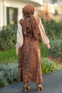 Modalamelif Beli Kuşak Bağlama Detaylı Kol ve Yaka Garnili Elbise Sütlükahve