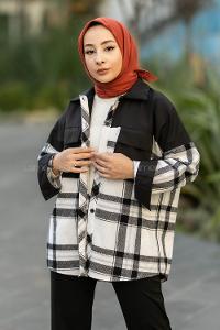 Modalamelif Çift Kapak Cepli Renk Garnili Oduncu Gömlek Siyah-Beyaz