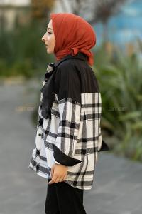 Modalamelif Çift Kapak Cepli Renk Garnili Oduncu Gömlek Siyah-Beyaz