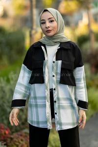 Modalamelif Çift Kapak Cepli Renk Garnili Oduncu Gömlek Siyah-Yeşil