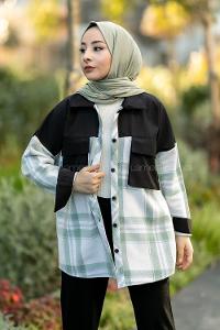 Modalamelif Çift Kapak Cepli Renk Garnili Oduncu Gömlek Siyah-Yeşil