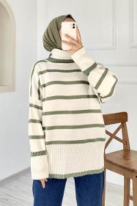 Modalamelif Çizgi Renk Garnili Boğazlı Triko Kazak Çağla Yeşili