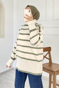 Modalamelif Çizgi Renk Garnili Boğazlı Triko Kazak Çağla Yeşili