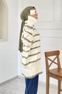 Modalamelif Çizgi Renk Garnili Boğazlı Triko Kazak Çağla Yeşili