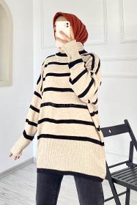 Modalamelif Çizgi Renk Garnili Boğazlı Triko Kazak Taş-Siyah