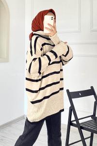 Modalamelif Çizgi Renk Garnili Boğazlı Triko Kazak Taş-Siyah