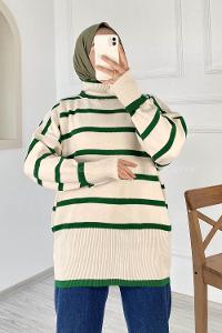 Modalamelif Çizgi Renk Garnili Boğazlı Triko Kazak Yeşil