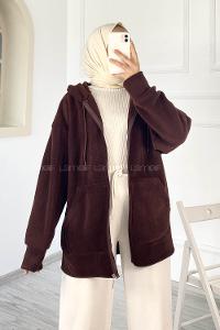 Modalamelif Kapüşonlu Fermuarlı Çift Cepli Polar Hırka Acıkahve