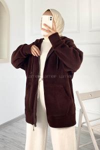 Modalamelif Kapüşonlu Fermuarlı Çift Cepli Polar Hırka Acıkahve