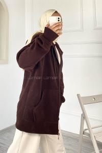 Modalamelif Kapüşonlu Fermuarlı Çift Cepli Polar Hırka Acıkahve