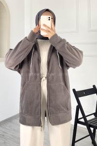 Modalamelif Kapüşonlu Fermuarlı Çift Cepli Polar Hırka Gri