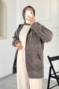 Modalamelif Kapüşonlu Fermuarlı Çift Cepli Polar Hırka Gri