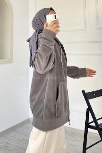 Modalamelif Kapüşonlu Fermuarlı Çift Cepli Polar Hırka Gri