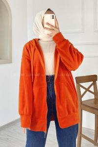 Modalamelif Kapüşonlu Fermuarlı Çift Cepli Polar Hırka Oranj