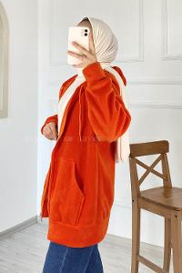Modalamelif Kapüşonlu Fermuarlı Çift Cepli Polar Hırka Oranj