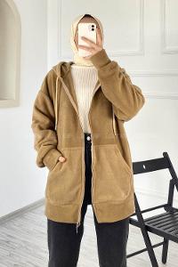 Modalamelif Kapüşonlu Fermuarlı Çift Cepli Polar Hırka Sütlükahve