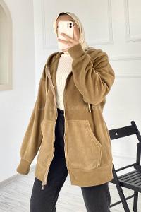 Modalamelif Kapüşonlu Fermuarlı Çift Cepli Polar Hırka Sütlükahve