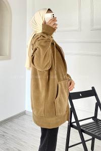 Modalamelif Kapüşonlu Fermuarlı Çift Cepli Polar Hırka Sütlükahve