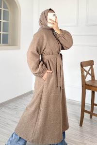 Modalamelif Kuşak Bağlamalı Yan Cepli Kaşe Kaban Soft Kahve