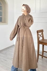 Modalamelif Kuşak Bağlamalı Yan Cepli Kaşe Kaban Soft Kahve