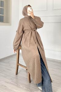 Modalamelif Kuşak Bağlamalı Yan Cepli Kaşe Kaban Soft Kahve