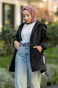 Modalamelif Önü Fermurlı Kapşonlu Çift Cepli Kap Siyah