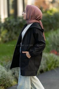 Modalamelif Önü Fermurlı Kapşonlu Çift Cepli Kap Siyah