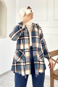 Modalamelif Yarasa Kol Oduncu Gömlek Ekru Petrol Mavisi