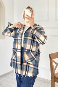 Modalamelif Yarasa Kol Oduncu Gömlek Ekru Petrol Mavisi