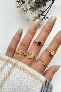 Modalamelif Gold 5li Siyah Taş Ay Figür Detaylı Yüzük