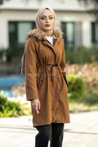 Modalamelif Bel Lastikli İçi Kürklü Mont Camel