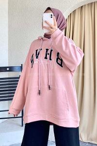 Modalamelif Bhvr Yazı Nakışlı Kapüşonlu Kanguru Cepli Sweat Pudra