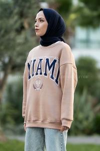 Modalamelif Bisiklet Yaka Mıamı Baskılı Sweat Sütlükahve