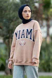 Modalamelif Bisiklet Yaka Mıamı Baskılı Sweat Sütlükahve