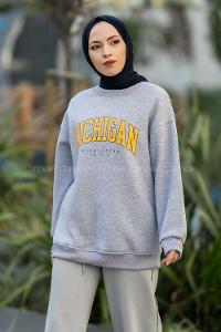 Modalamelif Bisiklet Yaka Mıchıgan Baskılı Sweat Gri