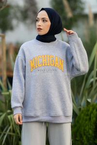 Modalamelif Bisiklet Yaka Mıchıgan Baskılı Sweat Gri