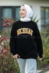 Modalamelif Bisiklet Yaka Mıchıgan Baskılı Sweat Siyah