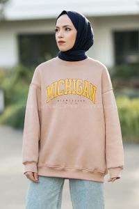 Modalamelif Bisiklet Yaka Mıchıgan Baskılı Sweat Sütlükahve