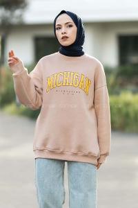 Modalamelif Bisiklet Yaka Mıchıgan Baskılı Sweat Sütlükahve