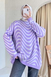 Modalamelif Bisiklet Yaka Salaş Dalga Triko Kazak Lila