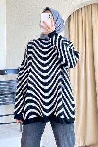 Modalamelif Bisiklet Yaka Salaş Dalga Triko Kazak Siyah