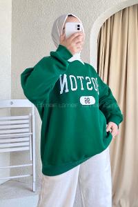 Modalamelif Boston Yazı Baskılı Polo Yaka Sweat Zümrüt