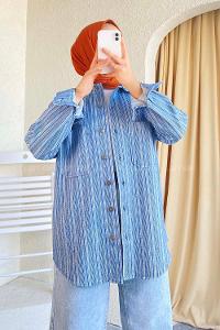 Modalamelif Çizgi Desenli Çift Cepli Gömlek Mavi