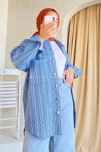 Modalamelif Çizgi Desenli Çift Cepli Gömlek Mavi