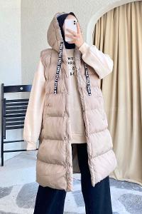 Modalamelif Kapüşonlu Çift Cepli Fermuarlı Şişme Mont Yelek Bej