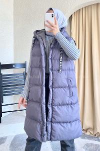 üşonlu Çift Cepli Fermuarlı Şişme Mont Yelek Gri