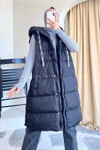 püşonlu Çift Cepli Fermuarlı Şişme Mont Yelek Siyah