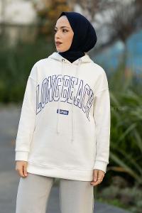 Modalamelif Kapüşonlu Detaylı Yazı Baskılı Sweat Beyaz